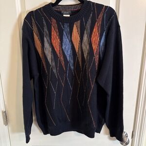 Franco Danti Men's Vintage Wool Blend Navy Blue Geometric Sweater Sz Large